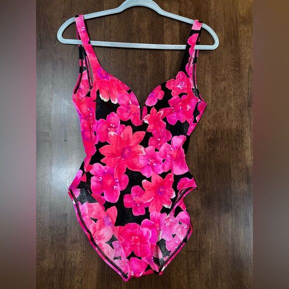 Vintage 90s La Blanca Hot Pink Black Floral High Cut Structured V Swimsuit 8 USA - Picture 4 of 11